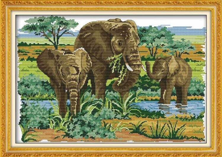 Алмазная вышивка «Слоны на водопое»