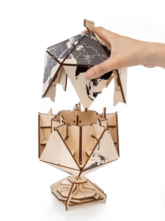 Конструктор деревянный 3D EWA «Глобус Икосаэдр с секретом», (шкатулка, сейф), черный — картинка 3
