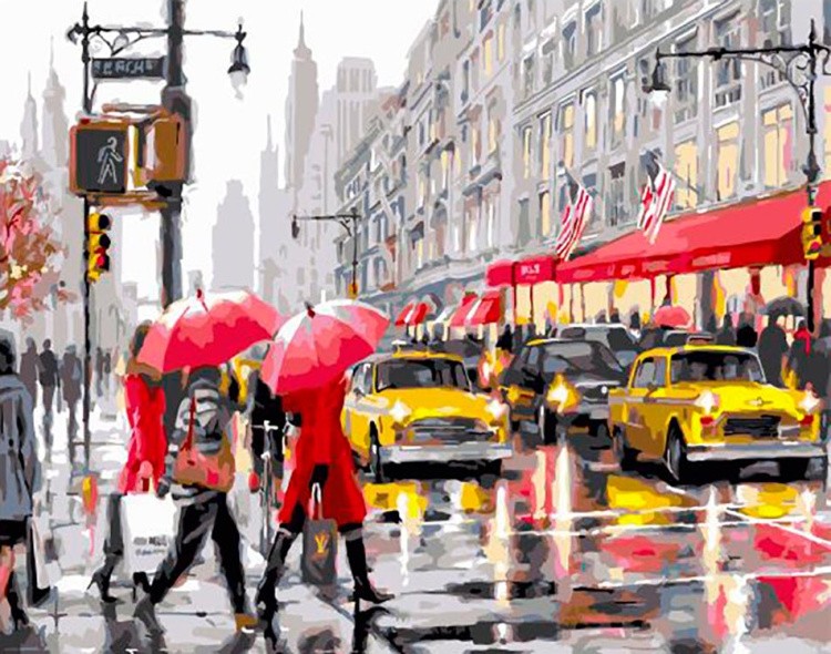Картина по номерам «Желтые такси и красные зонтики»