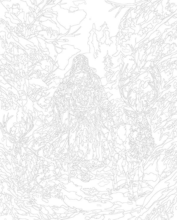 Картина по номерам «Новогодняя: Дед Мороз и олени в зимнем лесу» — картинка 3