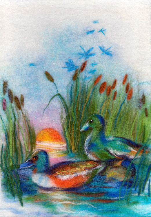 Картина шерстью «Утки на озере»