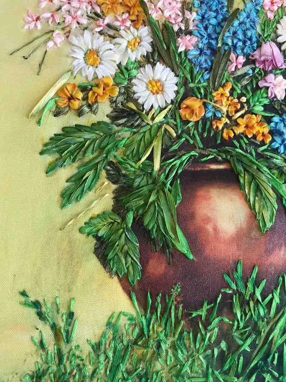 Вышивка лентами «Космея и луговые цветы» — картинка 2