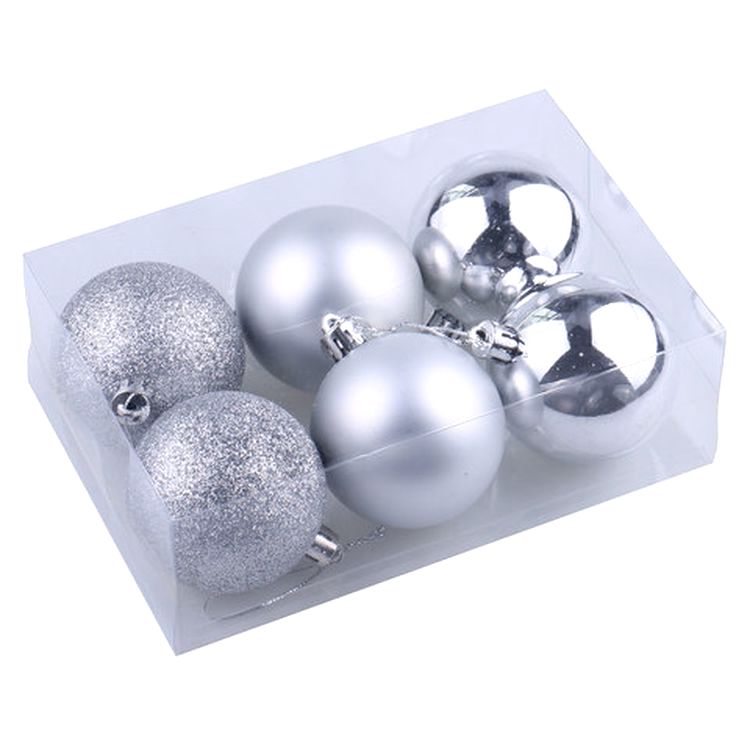 Шары елочные, набор 6 шт., пластик, 8 см, серебристые (глянец, матовый, глиттер) — картинка 4