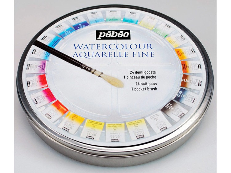 Краски Pebeo акварель 24 цвета набор Aquarelle Fine в металлической коробке с кистью — картинка 2