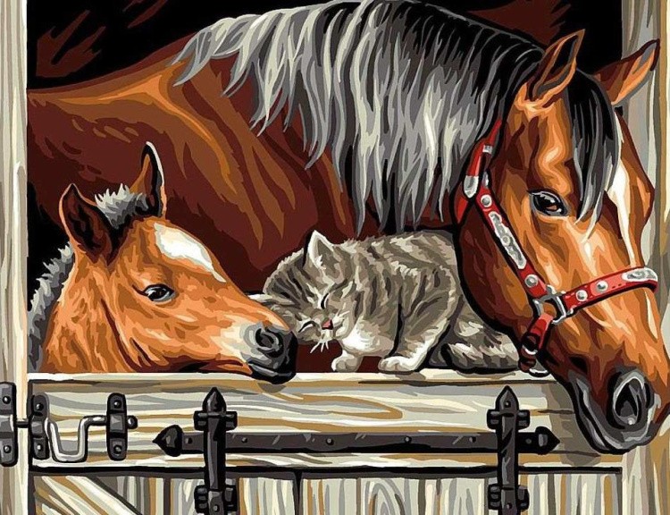 Картина по номерам «Котенок и лошади»