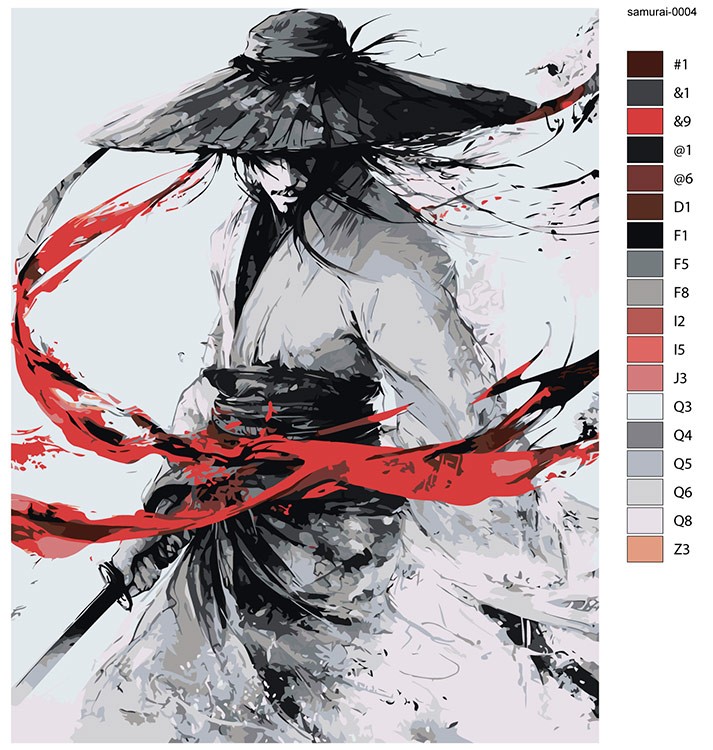 Картина по номерам «Япония, Азия: воин самурай монохром, чб» — картинка 2