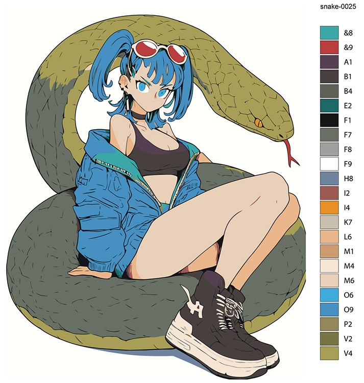 Картина по номерам «Зеленая змея и девушка аниме, животные» — картинка 2