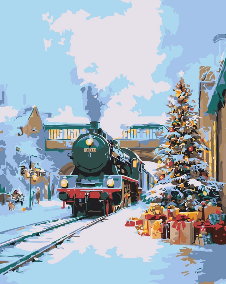 Картина по номерам Новогодняя елка и ретро поезд