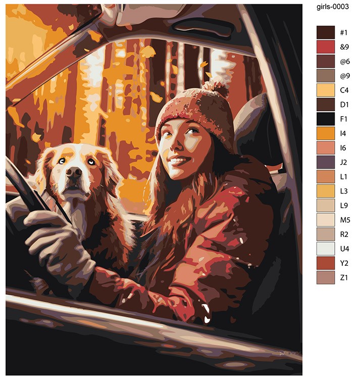 Картина по номерам «Девушка и собака едут в машине по осеннему лесу 2» — картинка 2