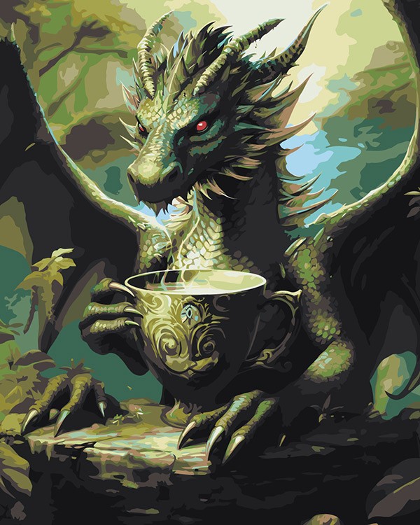 Картина по номерам «Зеленый дракон с чашкой чая»