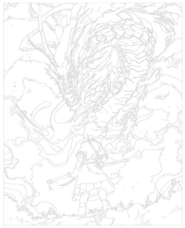 Картина по номерам «Аниме: Девушка с катаной и огромный белый дракон» — картинка 3