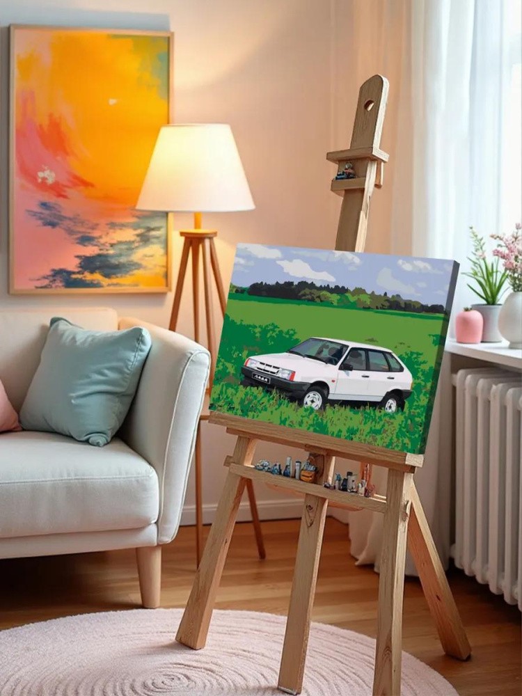 Картина по номерам «ВАЗ-2109: белая Лада девятка на зеленом лугу» — картинка 9