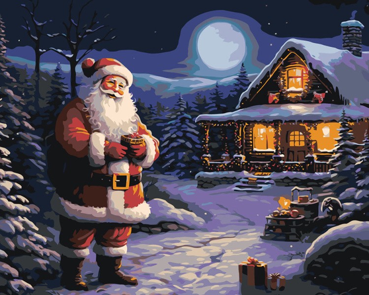 Картина по номерам «Новогодняя: Дед Мороз возле украшенного дома»