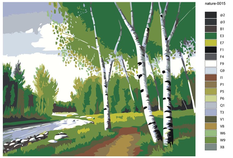 Картина по номерам «Природа: Пейзаж с березами у реки» — картинка 2