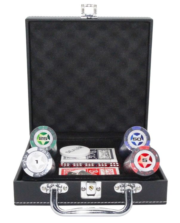 Покерный набор STARS, 100 фишек 14 г с номиналом в кожаном кейсе