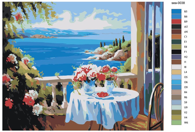 Картина по номерам «Море: Веранда с цветами и видом на залив» — картинка 2