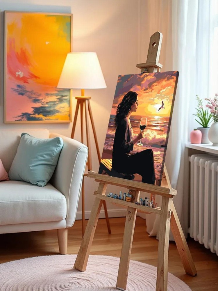 Картина по номерам «Природа: Девушка с бокалом на берегу моря на закате» — картинка 9