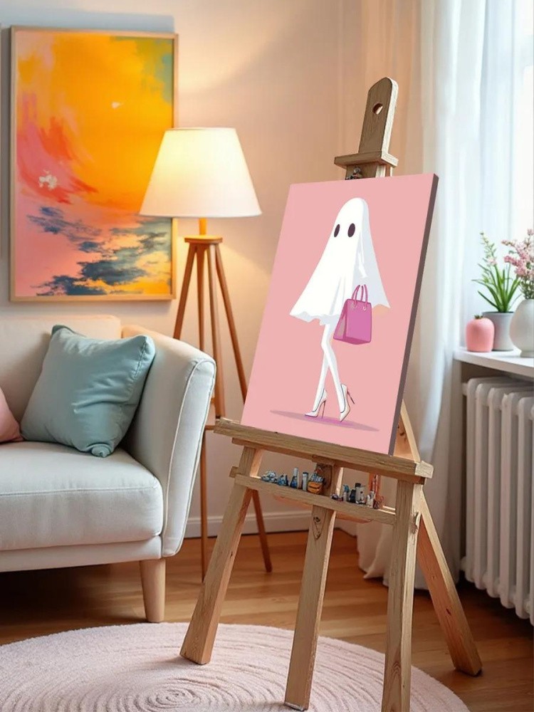 Картина по номерам «Ужасы: девушка призрак с сумкой, розовая» — картинка 9