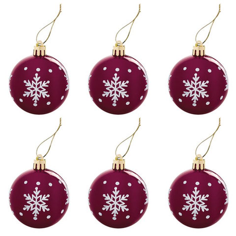 Шары елочные, набор 12 шт., пластик, 6 см, красные (глянец, глиттер, рисунок) — картинка 3