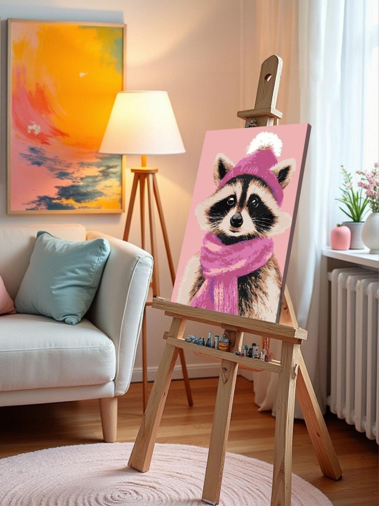 Картина по номерам Милый енот в шапке и шарфе — картинка 10