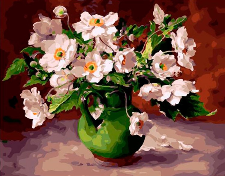 Картина по номерам «Белые цветы в зеленой вазе»