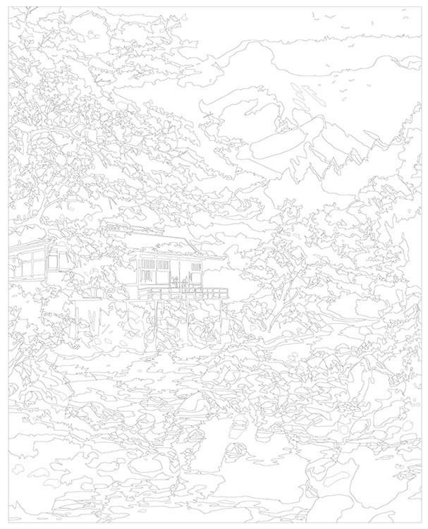 Картина по номерам «Природа: Пейзаж с японским домом и сакурой в горах» — картинка 3