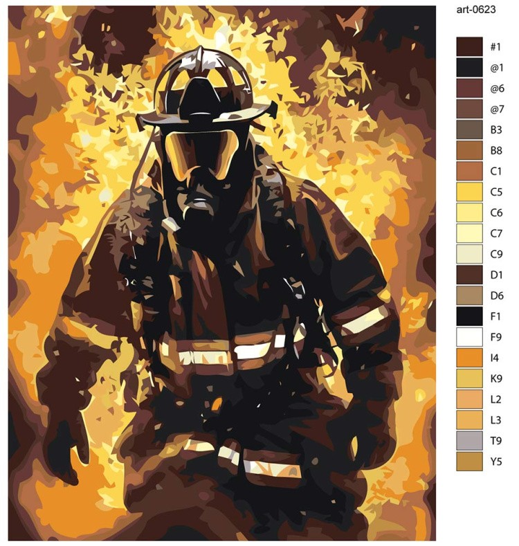 Картина по номерам «Пожарный в форме и противогазе арт, огонь» — картинка 2