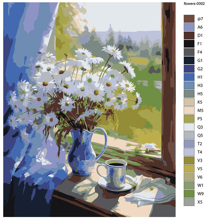 Картина по номерам «Цветы: Букет ромашек на окне» — картинка 2