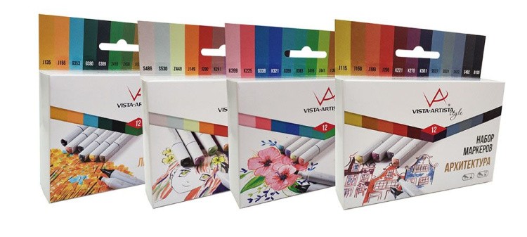 Набор маркеров на спиртовой основе, 0.7 мм - 7 мм, 12 цв., перо круглое/скошенное, Морской пейзаж, VISTA-ARTISTA — картинка 2