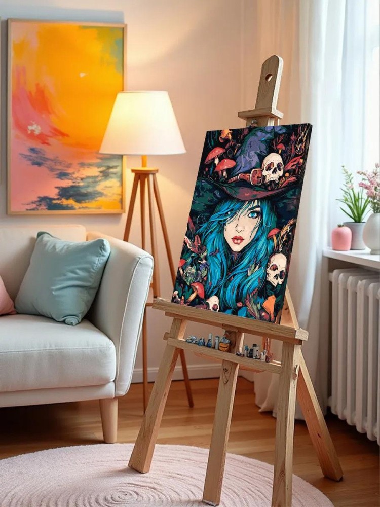 Картина по номерам «Ужасы: ведьма колдунья, грибы и черепа» — картинка 9