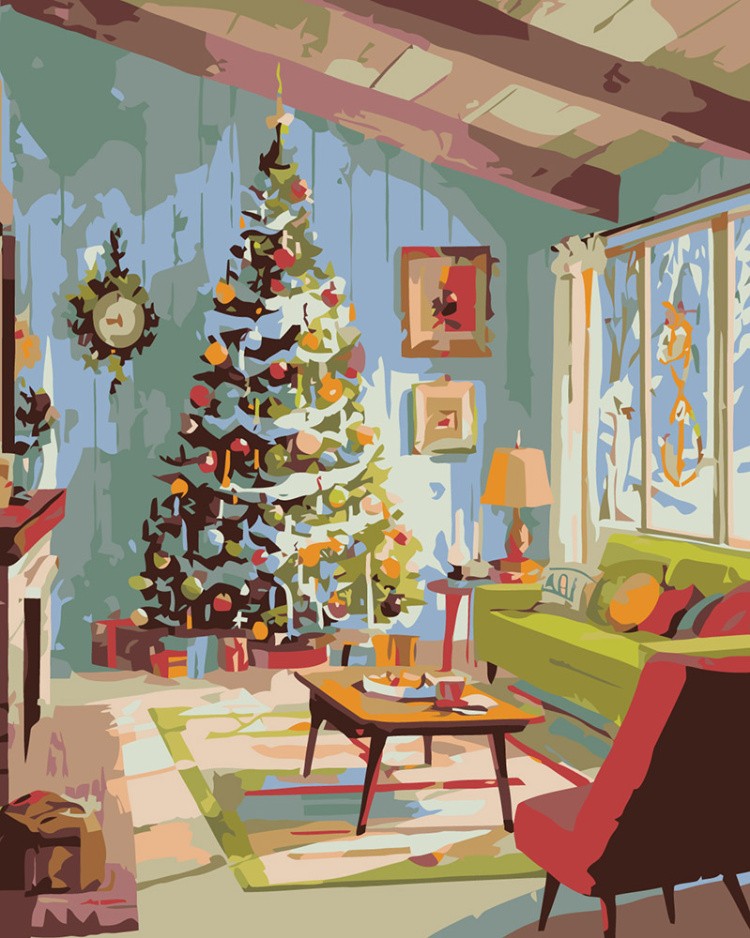 Картина по номерам Новогодняя елка в эстетичной комнате