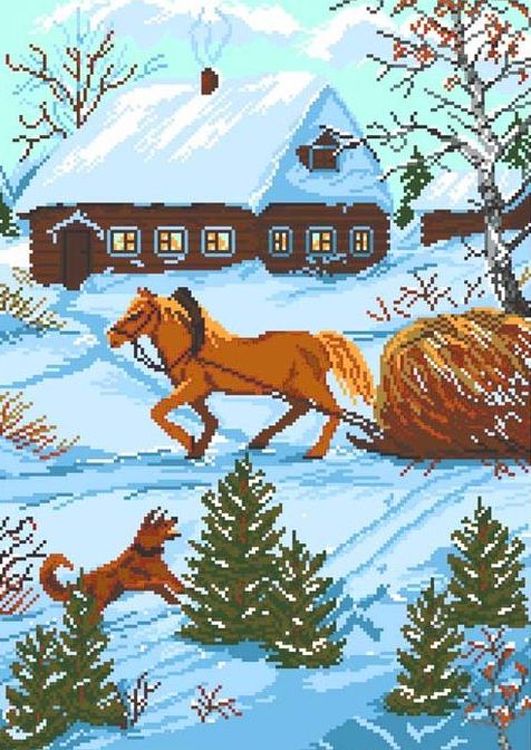 Рисунок на ткани «Зимний хутор»