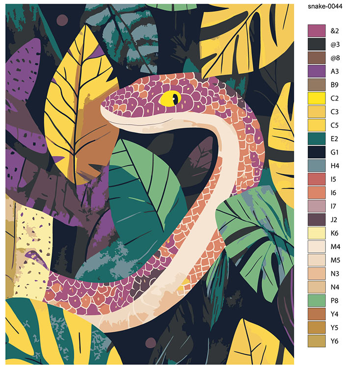 Картина по номерам «Разноцветная змея в листьях, Символ года» — картинка 2