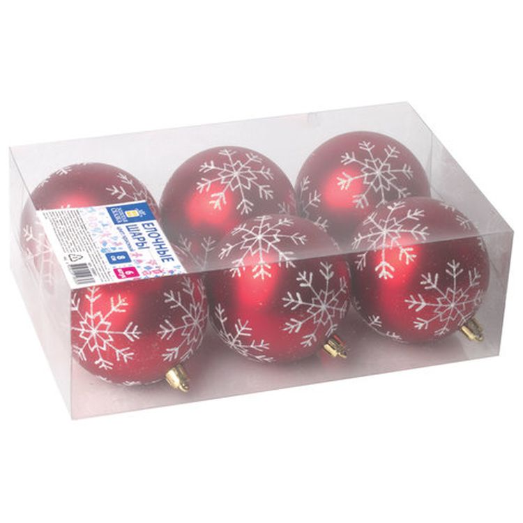 Шары елочные, набор 6 шт., пластик, 8 см, с белым рисунком, цвет красный — картинка 5