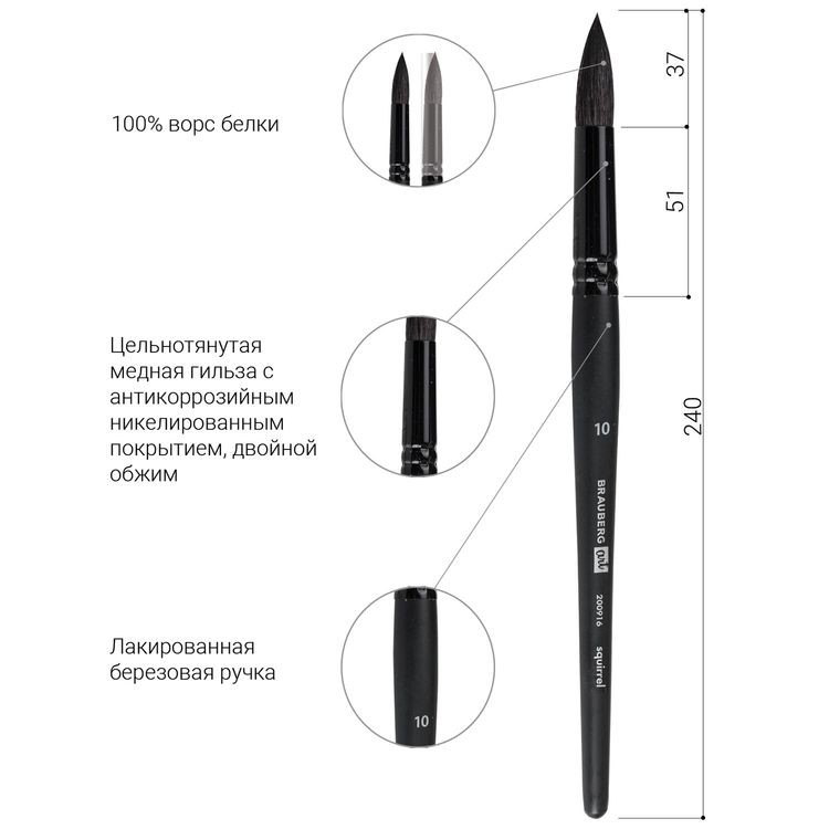Кисть художественная профессиональная Art Classic, белка, круглая, № 10, короткая ручка, Brauberg — картинка 4