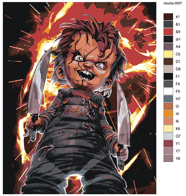 Картина по номерам «Страшная кукла Чаки с ножами арт» — картинка 2