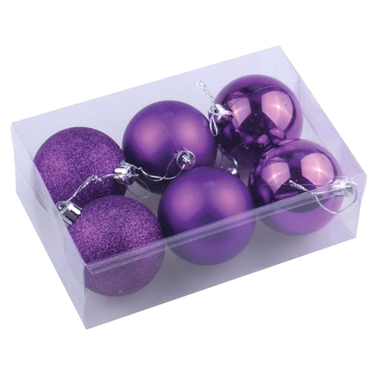 Шары елочные, набор 6 шт., пластик, 8 см, фиолетовые (глянец, матовый, глиттер) — картинка 4