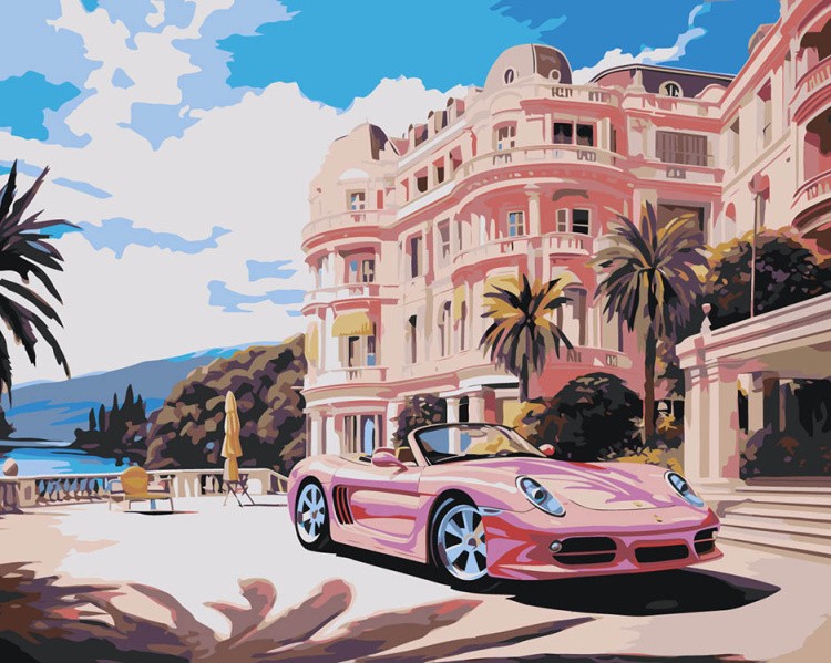 Картина по номерам «Машины: Розовый порше на фоне элитного особняка»