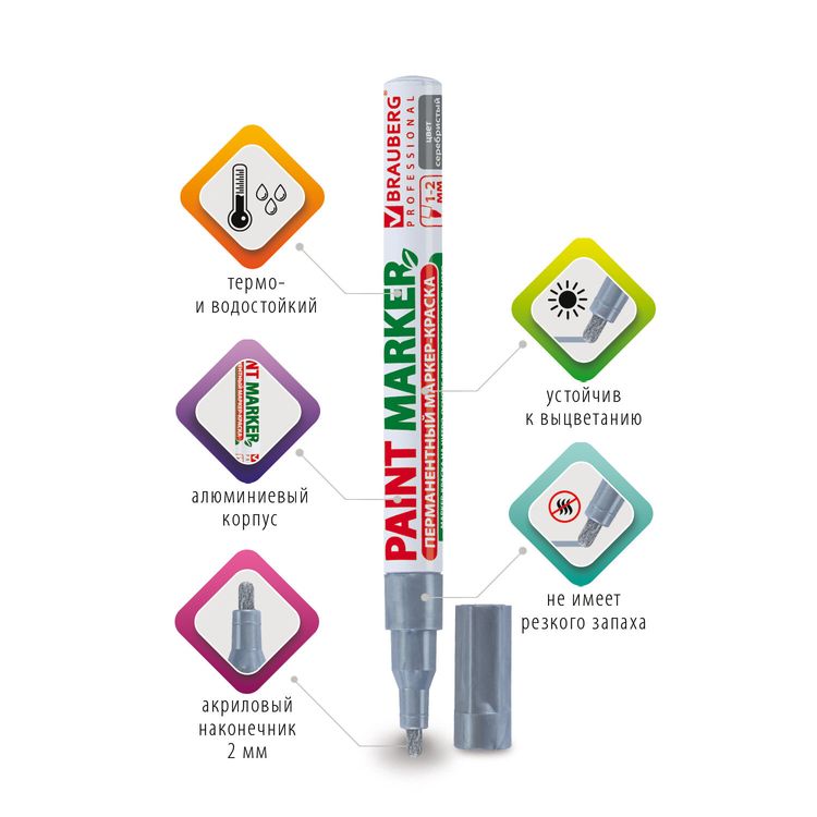 Маркер-краска лаковая 2-4 мм, серебряный, алюминиевый корпус, BRAUBERG — картинка 4