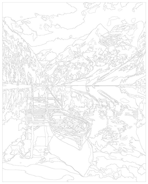 Картина по номерам «Природа: Пейзаж с лодкой на горном озере» — картинка 3