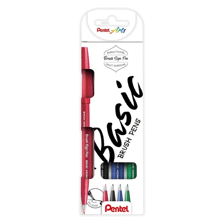 Набор Brush Pen в картоне, 4 цвета от 0.2 мм, кисть, Pentel — картинка 3