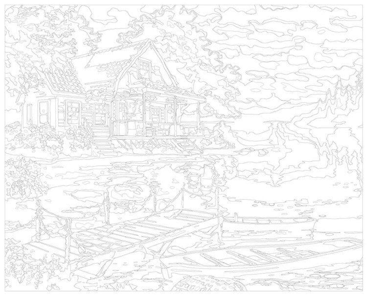 Картина по номерам «Природа: Пейзаж с домиком и лодками на берегу озера» — картинка 3