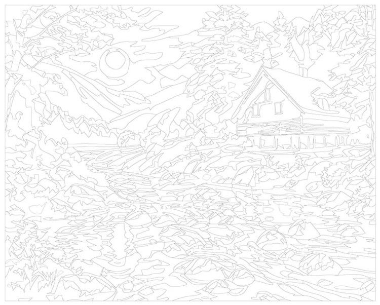 Картина по номерам «Природа: Пейзаж с домиком у ручья на закате» — картинка 3