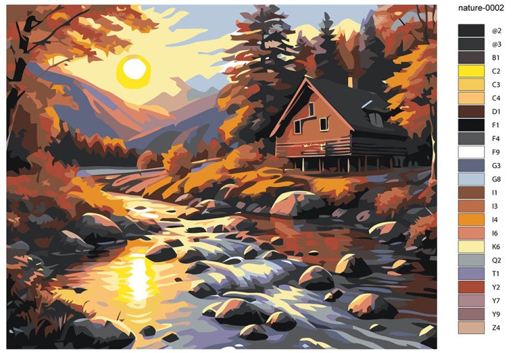 Картина по номерам «Природа: Пейзаж с домиком у ручья на закате» — картинка 2