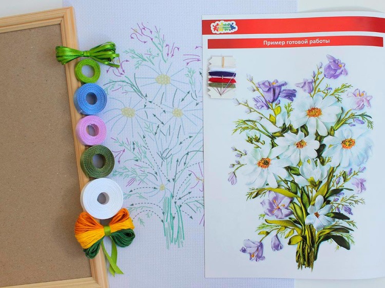 Вышивка лентами «Ромашки и колокольчики» — картинка 2