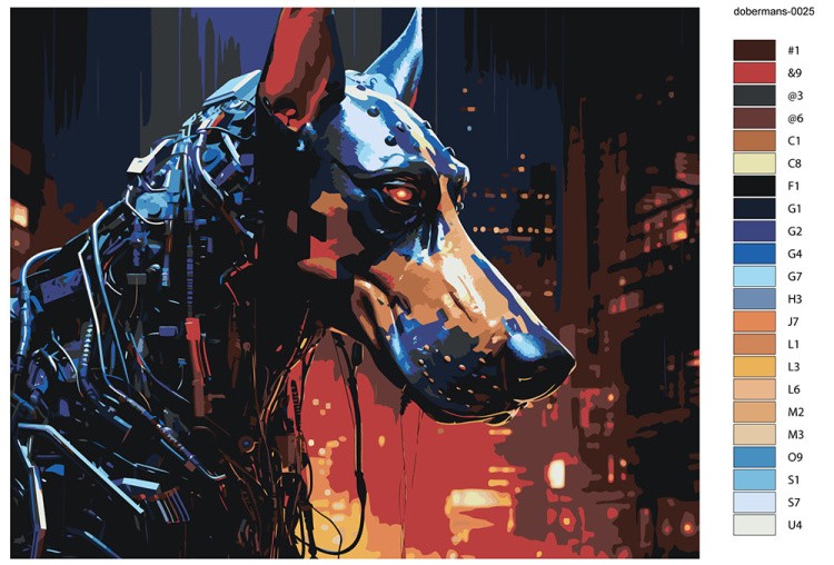 Картина по номерам «Собака доберман-киборг в городе будущего 2» — картинка 2