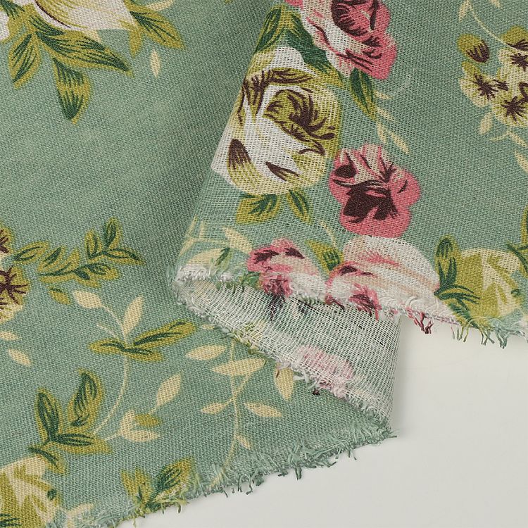 Ткань льняная, 1 м x 150 см, 140 г/м², цвет: зеленый, цветочный принт, TBY — картинка 6
