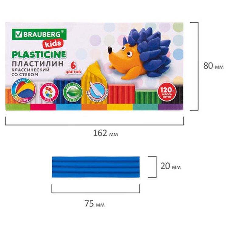 Пластилин классический BRAUBERG «KIDS», 6 цв., 120 г, со стеком — картинка 5