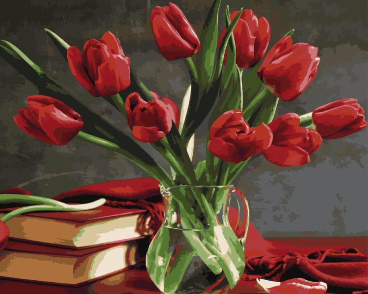 Картина по номерам «Книги и тюльпаны»