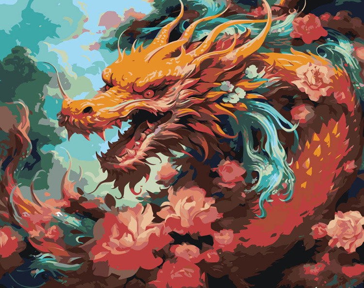 Картина по номерам «Восточный дракон в цветах»